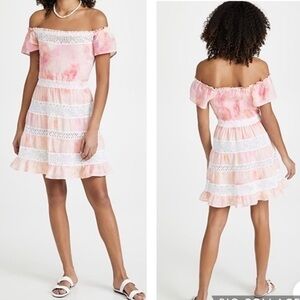 Temptation Positano Linen Pink Tie Dye Off Shoulder Lace Lituania Dress